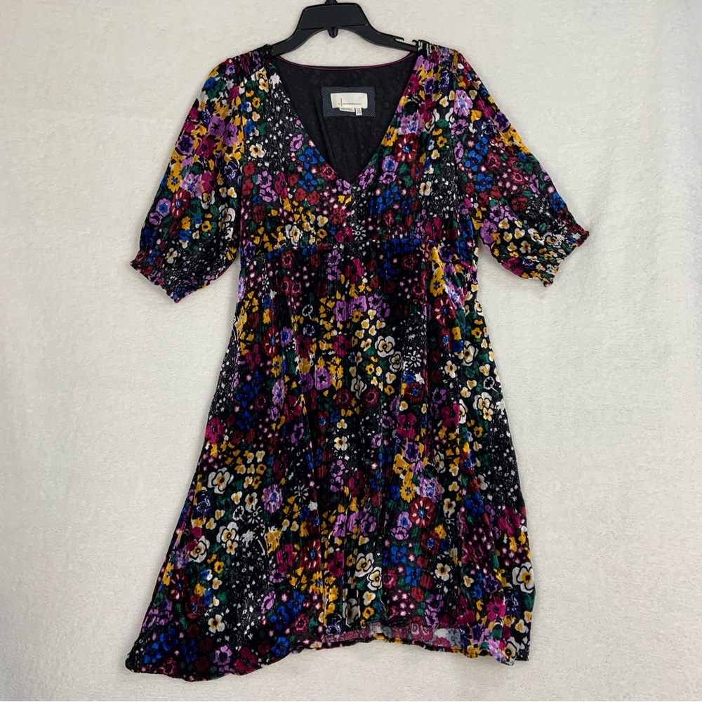 Anthropologie Francie Floral Velvet Dress Women’s V-Neck Short Sleeve Size 10